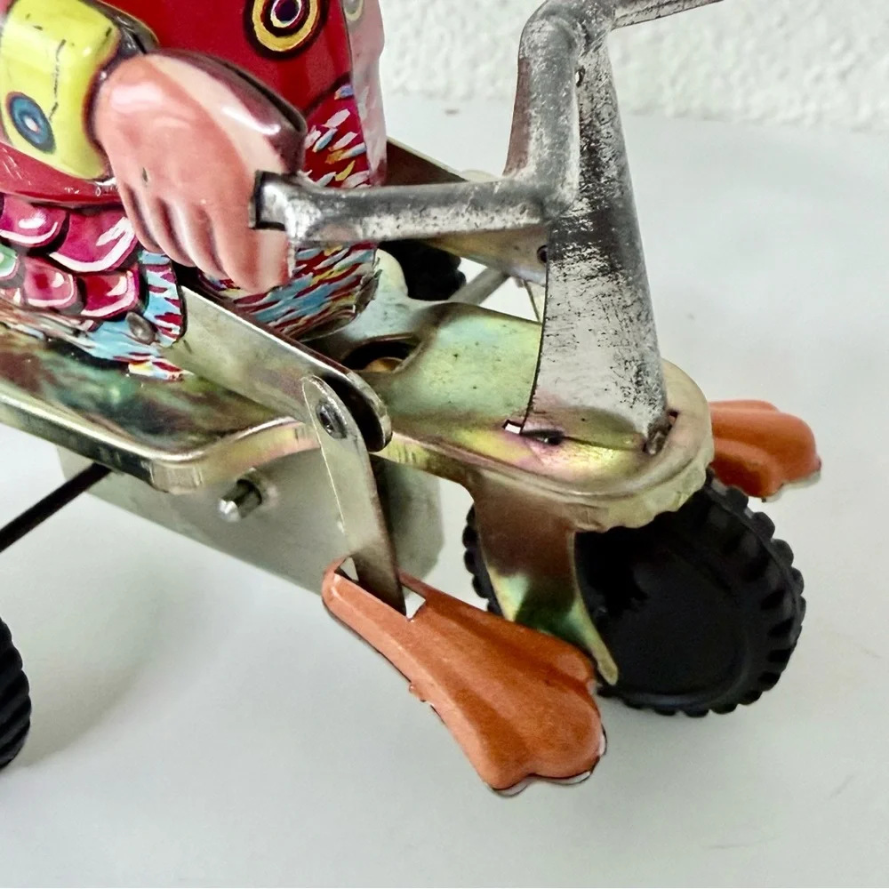 Vintage Litho Tin Toy Duck On Tricycle - Attached Key - 1970s-Collectible